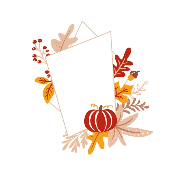 Hand drawn minimalistic autumn frame with leaves and geometric elements on white background. vector illustration Doodle style. Fall Thanksgiving design icon print, logo poster, symbol decor — Stock Vector