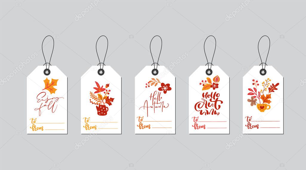 Set of vector autumn gift box tags with fall calligraphy. Hand drawn doodle vector illustration for Thanksgiving decor. Flat design