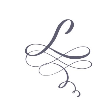 Vektör El Çizilmiş kaligrafik çiçek L monogram veya logo. Girdaplar ve kıvırcık ile Büyük Harf El Harfi L Harfi. Düğün Çiçek Tasarımı