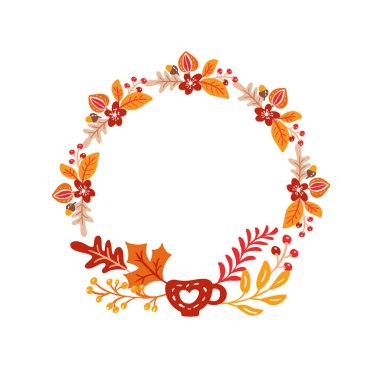 Vektör çerçeve sonbahar buket çelenk. turuncu yaprakları, beyaz arka planda izole çilek. Mevsimlik tatiller için mükemmel, Şükran günü