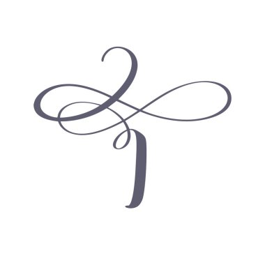 Vektör El Çizilmiş kaligrafik çiçek I monogram veya logo. Büyük Harf El Harfi I girdaplar ve kıvırcık. Düğün Çiçek Tasarımı