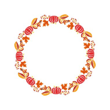 Vektör çerçeve sonbahar buket çelenk. Turuncu yaprakları, çilek ve kabak metin için yer ile beyaz arka plan izole. Mevsimlik tatiller için mükemmel, Şükran Günü