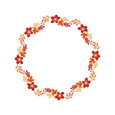 Vektör çerçeve sonbahar buket çelenk. turuncu yaprakları, beyaz arka planda izole çilek. Mevsimlik tatiller için mükemmel, Şükran günü