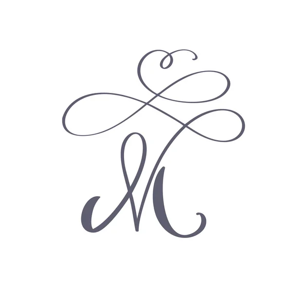 Vector Hand Monogramme ou logo M floral calligraphique dessiné à la main. Lettrage à la main majuscule Lettre M avec tourbillons et boucle. Design floral de mariage — Image vectorielle