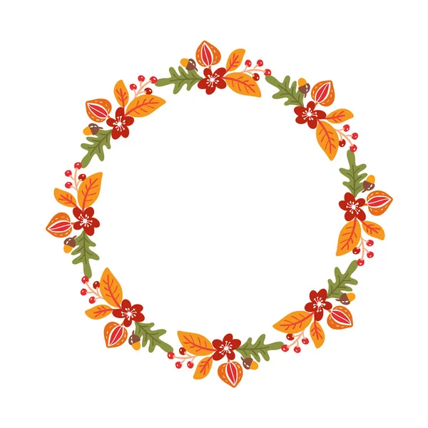 Marco vectorial corona de ramo de otoño. hojas de naranja, bayas aisladas sobre fondo blanco. Perfecto para vacaciones de temporada, Día de Acción de Gracias — Vector de stock