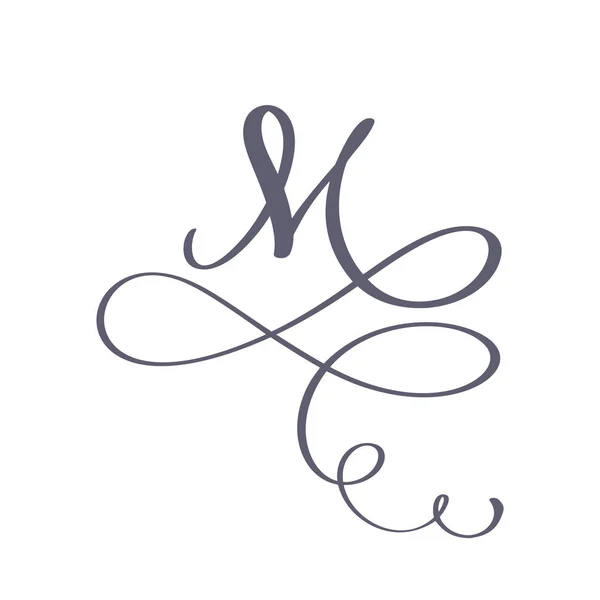 Wektor ręcznie rysowane kaligraficzne kwiatowy M Monogram lub logo. Wielkie Hand napis litery M z swirls i curl. Ślub kwiatowy projekt — Wektor stockowy