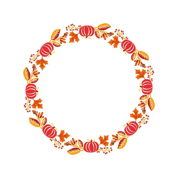 Cadre vectoriel couronne de bouquet d'automne. Feuilles orange, baies et citrouille isolées sur fond blanc avec place pour le texte. Parfait pour les vacances saisonnières, Thanksgiving Day — Image vectorielle