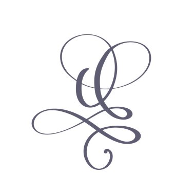 Vektör El Çizilmiş kaligrafik çiçek Q monogram veya logo. Girdaplar ve kıvırcık ile Büyük Harf El Harfli Q Harfi. Düğün Çiçek Tasarımı