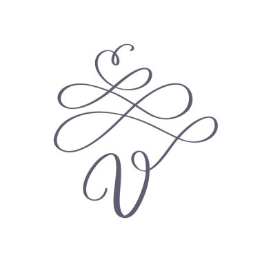 Vektör El Çizilmiş kaligrafik çiçek V monogram veya logo. Girdaplar ve kıvırcık ile Büyük Harf El Harfi V Harfi. Düğün Çiçek Tasarımı