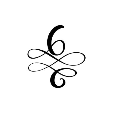 Vektör El Çizilmiş kaligrafik çiçek numarası 6 monogram veya logo. Girdaplar ve kıvırcık ile El Harfleri sayı Altı. Düğün Çiçek Tasarımı