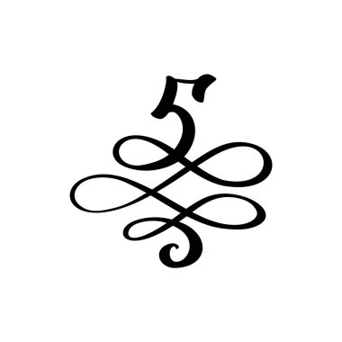 Vektör El Çizilmiş kaligrafik çiçek numarası 5 monogram veya logo. Girdaplar ve kıvırcık ile El Harfleri sayı Beş. Düğün Çiçek Tasarımı