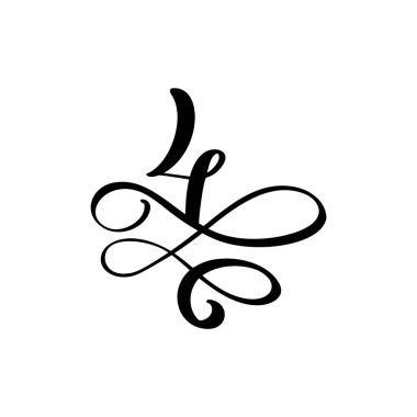Vektör El Çizilmiş kaligrafik çiçek numarası 4 monogram veya logo. El Harfi girdaplar ve kıvırcık ile Dört rakamı. Düğün Çiçek Tasarımı
