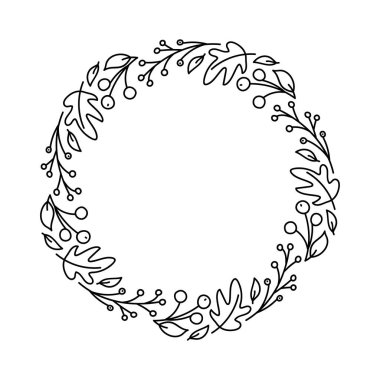 Vektör monoline yuvarlak sonbahar çelenk. Yaprakları, çilek ve beyaz arka plan üzerinde izole diğer sonbahar elemanları ile buket çerçeve. Mevsimlik tatiller için mükemmel, Şükran Günü