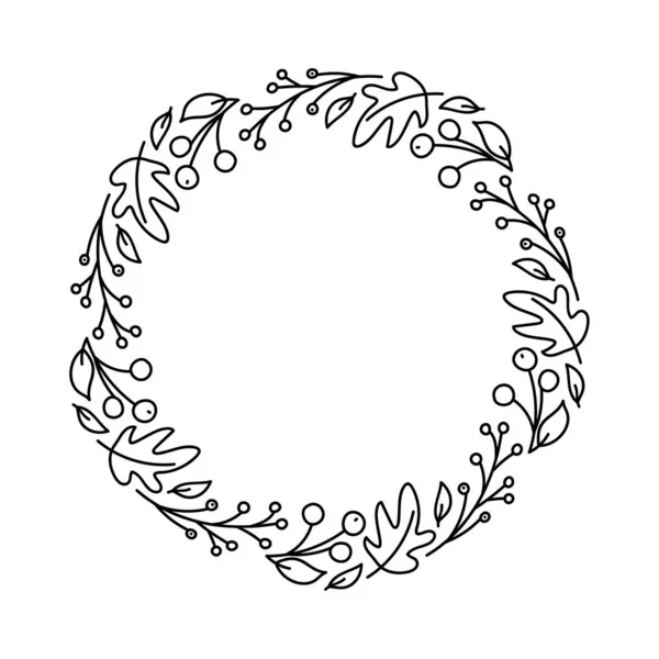 Векторний монолайн круглий осінній вінок. Букет каркас з листям, ягоди та інші осіннього елементи, ізольовані на білому фоні. Ідеально підходить для сезонних свят, день подяки — стоковий вектор