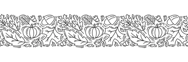 도토리, 호박, 가을 오크 잎이 검은 색으로 매끄러운 패턴 장식 모노 라인. 벽지, 선물 용지 채우기, 웹 페이지 배경, 가을 인사말 카드, 베개에 적합 — 스톡 벡터