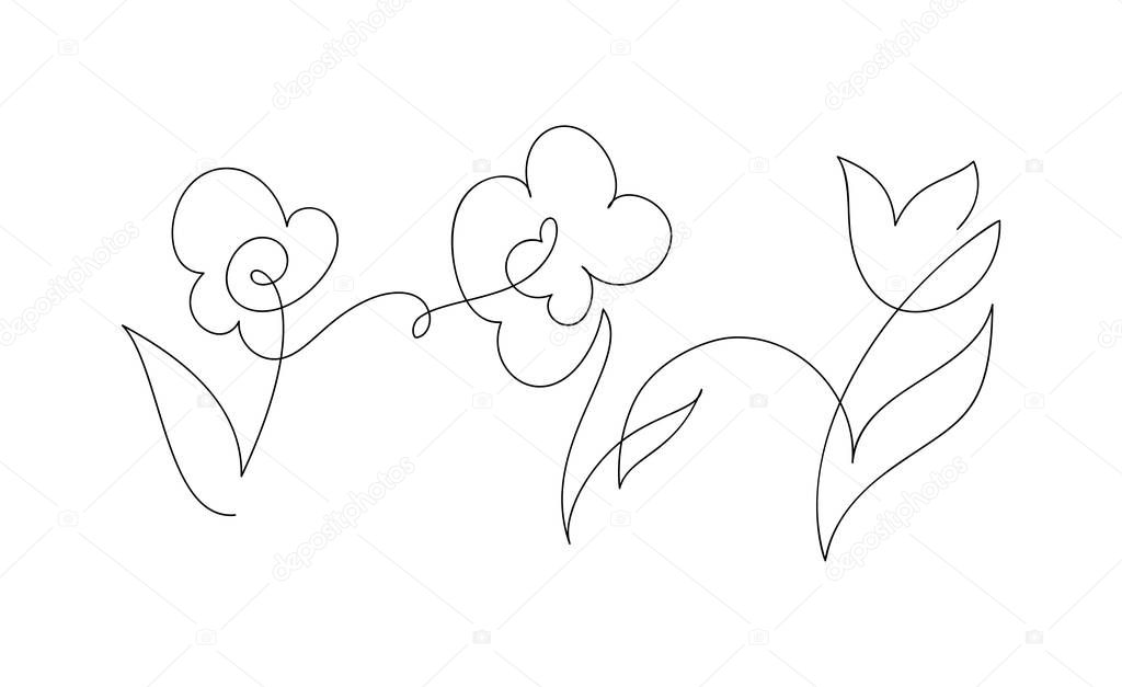 Continuous one line drawing flowers. Black and white vector illustration. Concept for logo card, banner, poster, flyer