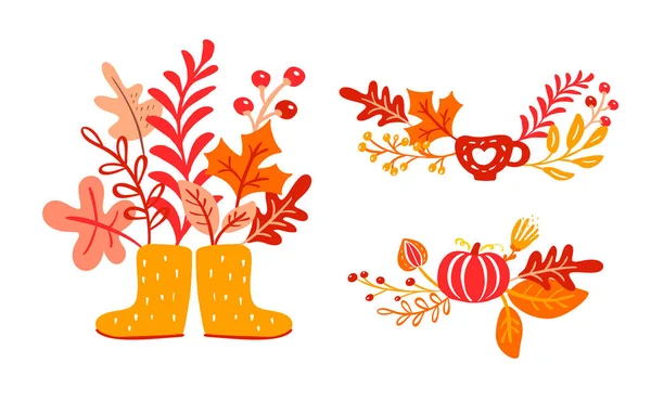 Żółte buty gumowe z jesiennych liści bukiet. Pomarańczowe liście klonu z filiżanką, dyni z dębem liści, jesień natura plakat sezon projekt Dziękczynienia — Wektor stockowy