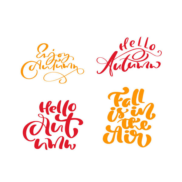 Set of Orange vector lettering calligraphy autumn phrases. Hand drawn illustration for greeting card isolated on white background. Perfect for seasonal holidays, Thanksgiving Day