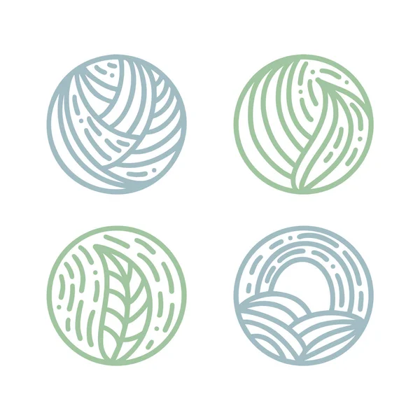 Conjunto de bio emblemas redondos em um estilo linear círculo. Tropical planta verde folhas logotipo. Distintivo abstrato de vetor de desenho de produtos naturais, loja de flor, cosméticos, conceitos de ecologia, saúde, spa —  Vetores de Stock