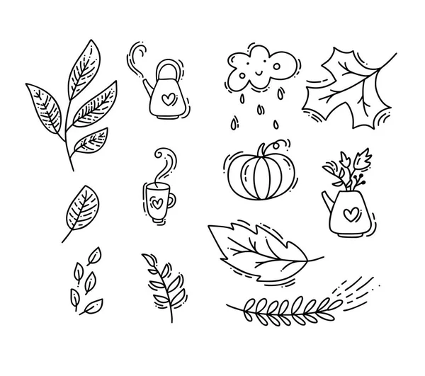 Zestaw wektor MonoLine Doodle elementy kwiatowe. Kolekcja Jesień projekt graficzny. Zioła, liście, buty, czajniczek, kubek i dynia. Ręcznie rysowane Dziękczynienia nowoczesny upadek wystrój — Wektor stockowy