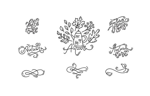 Vektör monoline sonbahar kaligrafi ifadeleri ve öğeleri paket kümesi. Elle çizilmiş izole yapraklar bölücüler. Sezonluk tatiller, Şükran Günü, tebrik kartı için mükemmel — Stok Vektör