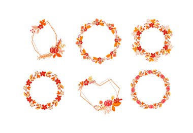 Metin için yer ile vektör çerçeve sonbahar buketçelenk Paketi. Portakal izole yaprakları, çilek ve kabak seti. Mevsimlik tatiller için mükemmel, Şükran Günü