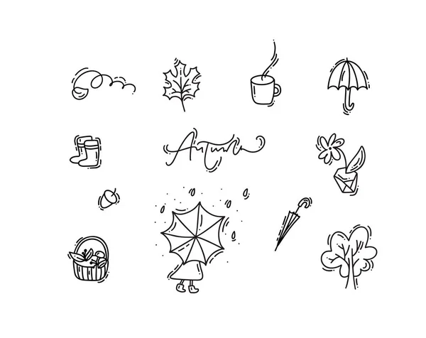 Conjunto de vectores monolina doodle elementos florales. Diseño gráfico de colección de otoño. Hierbas, hojas, paraguas. Decoración de otoño moderna de acción de gracias dibujada a mano — Archivo Imágenes Vectoriales