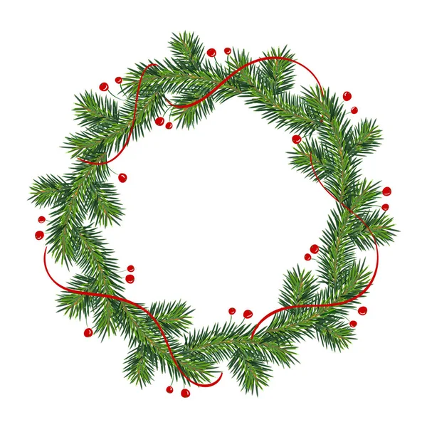 Nyår och jul krans. Winter Garland med röda järnek bär på gröna grenar, isolerade på vit bakgrund. Gratulationskort. Happy Xmas vektor retro semester design — Stock vektor