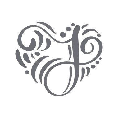 Kalp aşk vektör El Çizilmiş kaligrafik İskandinav çiçek J logosu. Büyük Harf El Yazısı H harfi ile kıvırcık. Düğün Çiçek Tasarımı