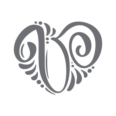 Kalp aşk vektör El Çizilmiş kaligrafik İskandinav çiçek V logosu. Büyük Harf El Harfi Kıvırcık T Harfi. Düğün Çiçek Tasarımı