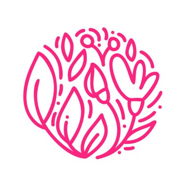 Doğrusal tarzda bir daire içinde soyut amblem çiçek. Doğal ürünlerin tasarımı için monoline vektör bitki logosu, çiçekçi, kozmetik, ekoloji kavramları, sağlık, spa, yoga merkezi