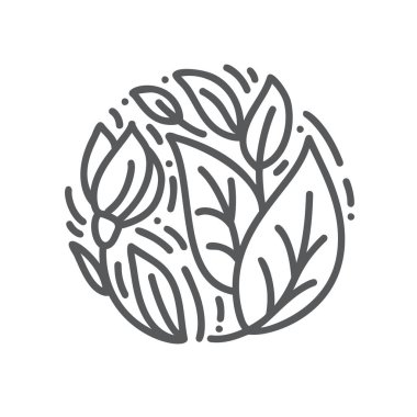 Doğrusal tarzda bir daire içinde soyut amblem çiçek. Doğal ürünlerin tasarımı için monoline vektör bitki logosu, çiçekçi, kozmetik, ekoloji kavramları, sağlık, spa, yoga merkezi