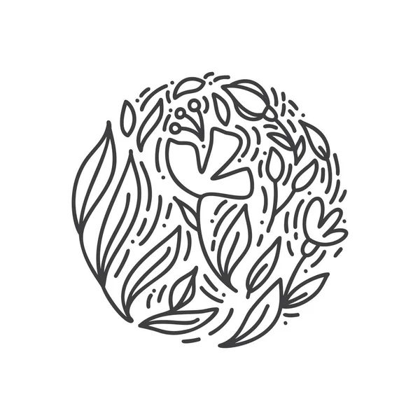 Emblema astratto fiore in un cerchio in stile lineare. Logo vegetale vettore Monoline per la progettazione di prodotti naturali, negozio di fiori, cosmetici, concetti di ecologia, salute, spa, centro yoga — Vettoriale Stock