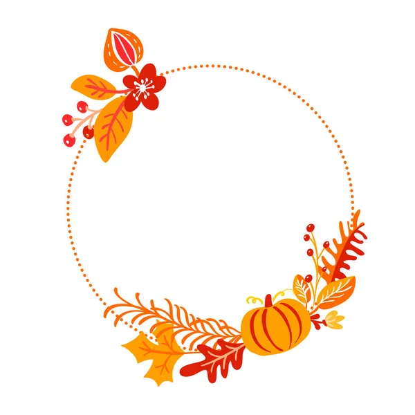 ベクトルフレーム秋の花束リース。オレンジの葉、ベリー、カボチャは、テキストのための場所と白い背景に隔離されています。季節の休日、感謝祭に最適 — ストックベクタ