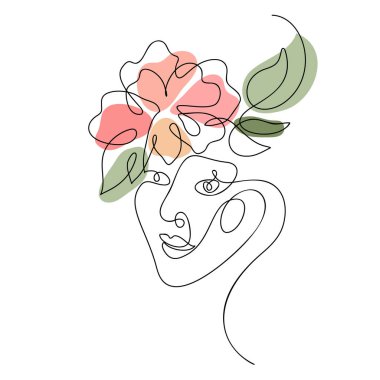 Çiçek bir çizgi çizim ile Vektör kadın yüz. Monoline portre minimalist tarzı. Tebrik kartı, güzellik merkezi, spa, kız mağazası için basit tasarım illüstrasyon logosu veya simgesi