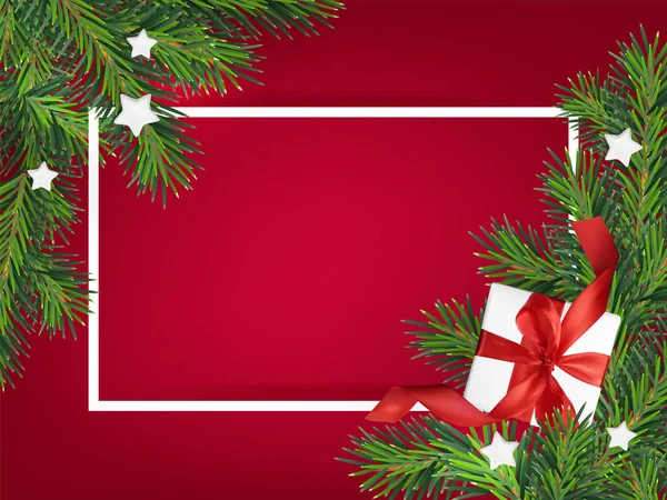 Bir Mesh hediye kutusu ve beyaz ahşap yıldız ile Merry Christmas kırmızı arka plan vektör illüstrasyon. Metin yerine Noel Tebrik Kartı — Stok Vektör