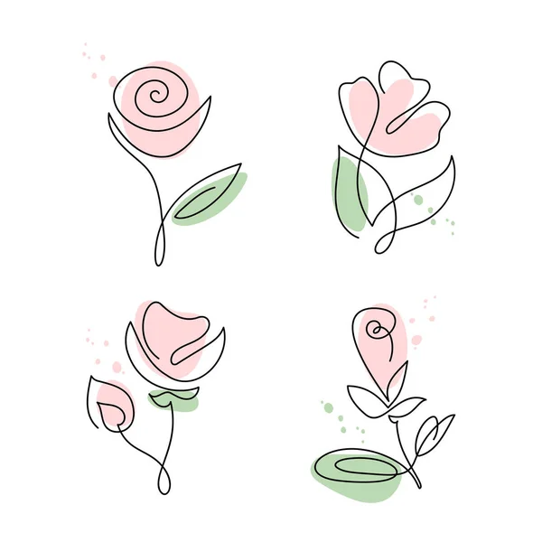 Conjunto de linha contínua mão desenho caligráfico flor vetor rosa. Bundle conceito logotipo beleza. Monoline primavera elemento de design floral em estilo mínimo. Valentine amor conceito — Vetor de Stock