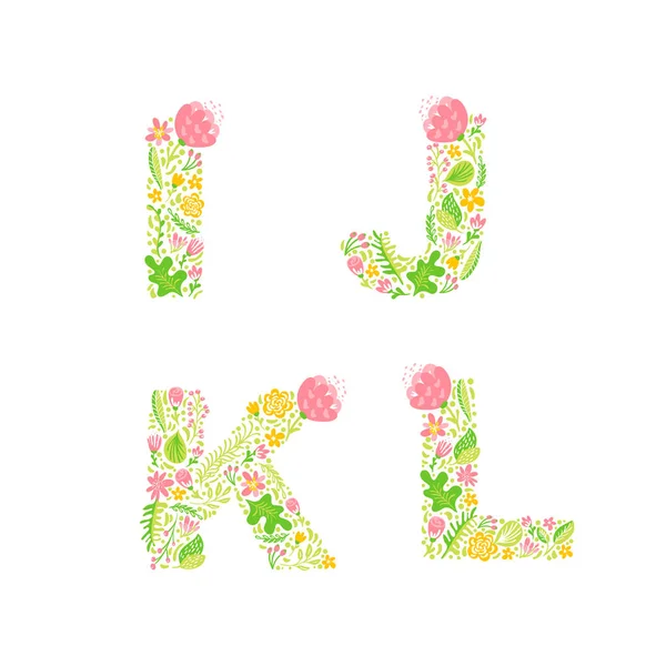 Vektor handritade blommig versaler bokstaven monogram eller logotyp. Versala bokstäver I, J, K, L med blommor och grenar blommar. Blommönster — Stock vektor