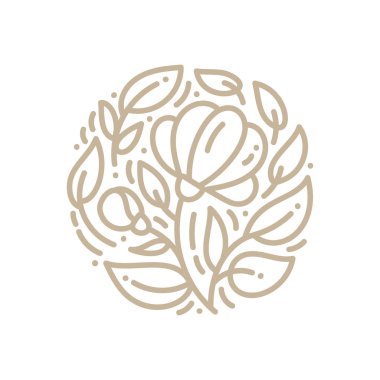 Doğrusal tarzda bir daire içinde Soyut amblem logosu çiçek. Doğal ürünlerin tasarımı için monoline vektör bitki, çiçekçi, kozmetik, ekoloji kavramları, sağlık, spa, yoga merkezi