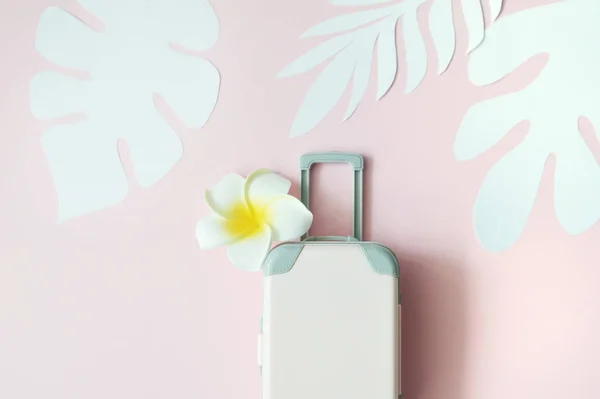 粉红色背景的米色旅行手提箱，热带叶子和白色花。旅行概念。平面铺异国情调的地方为您的文本 — 图库照片