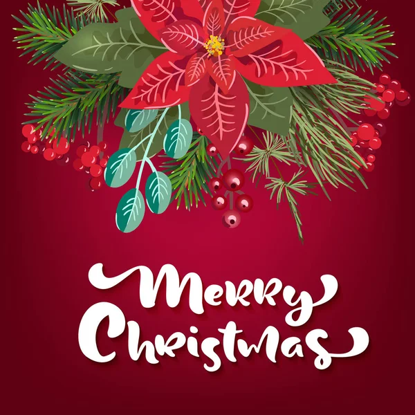 Boldog karácsonyt Party meghívó és boldog új évet fél meghívó és poszter Holiday design template karácsonyi dekoráció fenyő, poinsetia — Stock Vector