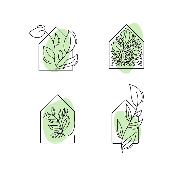 Vektor Öko-Haus-Symbol mit Blättern. Logo-Vorlage in schwarzer und grüner Farbe isoliert auf weißem Hintergrund. Doodle-Stil. Design Print Poster, Symbol Dekor — Stockvektor
