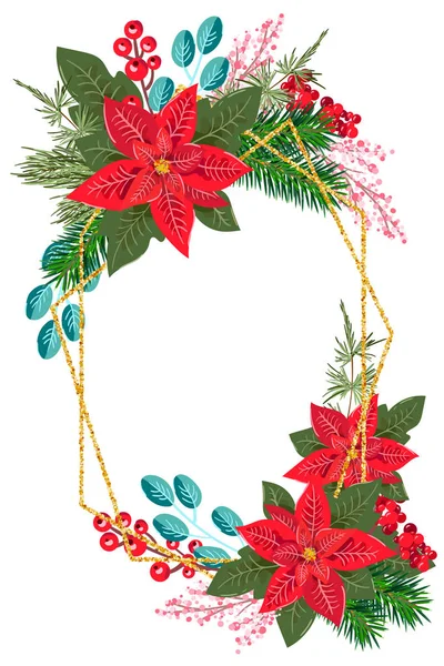 Счастливого Рождества. Зимний праздник рамка для поздравительной открытки с цветами poinsetia и место для текста. Ручной рисунок — стоковый вектор
