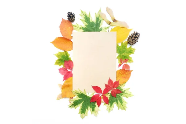 Mockup Autumn leaves frame and kraft sheet of paper for place your text. Fall elements for Thanksgiving day design — Stock Photo, Image