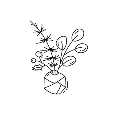 Tekel noel çiçeği ve şişelerde bitki buketi. Vektör dekor kış illüstrasyon. Tebrik kartı, poster ve web için tasarım öğeleri