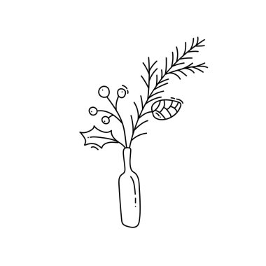 Tekel noel çiçeği ve şişelerde bitki buketi. Vektör dekor kış illüstrasyon. Tebrik kartı, poster ve web için tasarım öğeleri