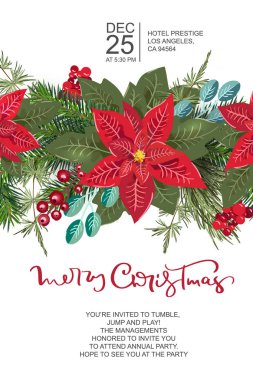 Çiçek çelenk dekorasyon ve el yazılı kaligrafik metin ile Merry Christmas tebrik kartı tasarımı. Modern kış sezonu kartpostal, broşür, duvar sanatı tasarımı