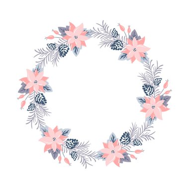 Pembe çiçekler ve metin için yer ile koni dalları ile Noel vektör çelenk. Tebrik kartı, poster ve web için izole xmas illüstrasyon