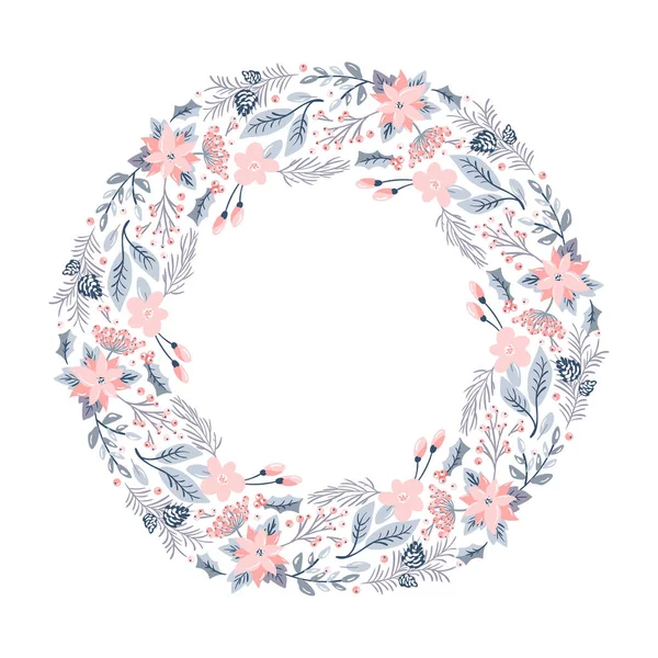 Couronne vectorielle de Noël avec fleurs roses et branches de cône avec place pour le texte. Illustration de Noël isolée pour carte de vœux, affiche et web — Image vectorielle