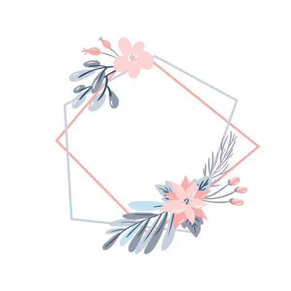 Διανυσματικό γεωμετρικό πολύγωνο πλαίσιο με μπουκέτο στεφάνι. Χριστουγεννιάτικο πρότυπο για Ευχετήρια κάρτα. Χειμερινός κώνοι και ροζ λουλούδια απομονώθηκαν σε λευκό φόντο με θέση για κείμενο — Διανυσματικό Αρχείο
